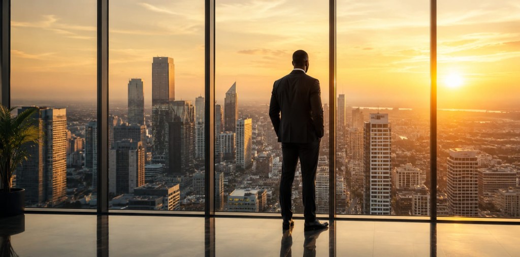 Executive overlooking the city skyline at sunset